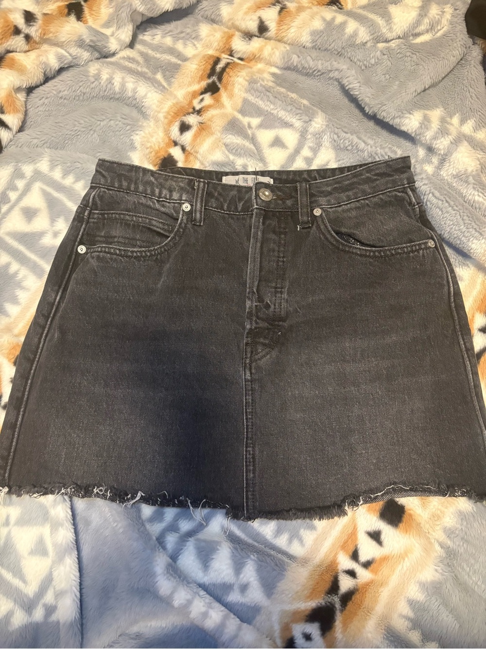 We The Free Black Washed Denim Mini Skirt with Raw Edge